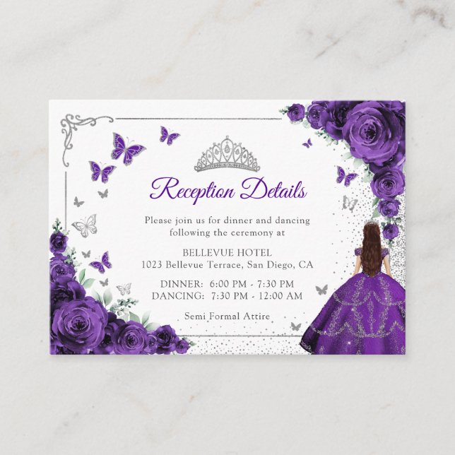 Purple Silver Quincenarea Reception Details Enclosure Card (Front)