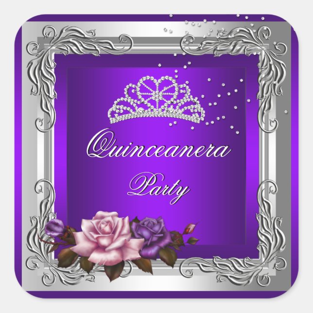 Purple Silver Roses Quinceanera 15th Birthday Square Sticker (Front)