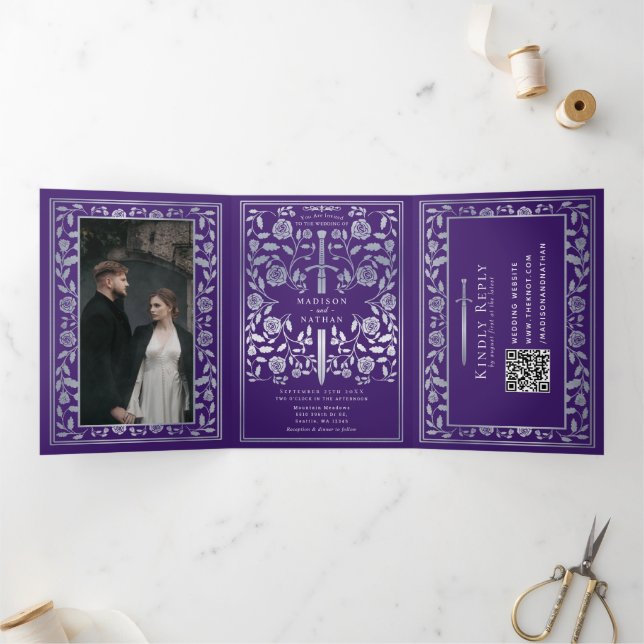 Purple Silver Royal Mediaeval Sword Wedding QR Cod Tri-Fold Invitation (Inside)