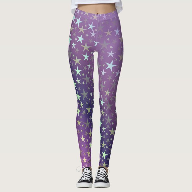 purple+silver,shiny, bright, star, colour, decorat leggings (Front)