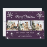 Purple Silver Snowflake Snow Photo Collage Holiday Card<br><div class="desc">Cute purple photo collage Merry Christmas and Happy New Year card featuring snowflakes and stars on the front and falling snow at the back. Easily personalise this elegant holiday card with your photos and text.</div>