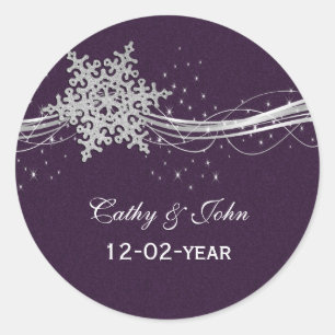 purple Silver Snowflakes wedding favour stickers