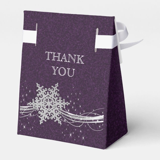purple Silver Snowflakes Winter wedding favour box (Back Side)