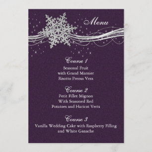 purple Silver Snowflakes Winter wedding menu cards