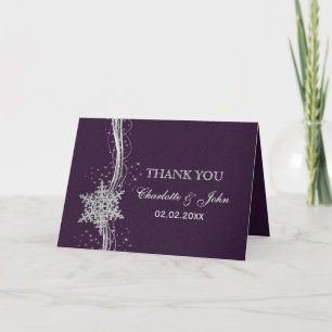 purple Silver Snowflakes Winter wedding Thank You Card