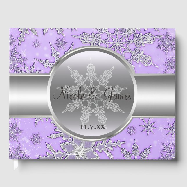 Purple Silver Snowflakes Winter Wonderland Guest Book (Front)