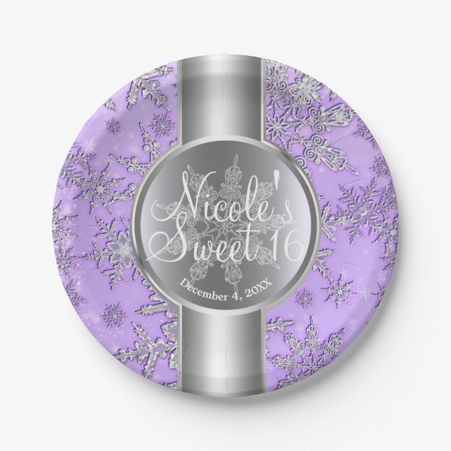 Purple Silver Snowflakes Winter Wonderland Party Paper Plate (Front)