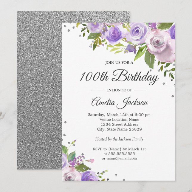 Purple Silver Sparkle Floral 100th Birthday Invite (Front/Back)