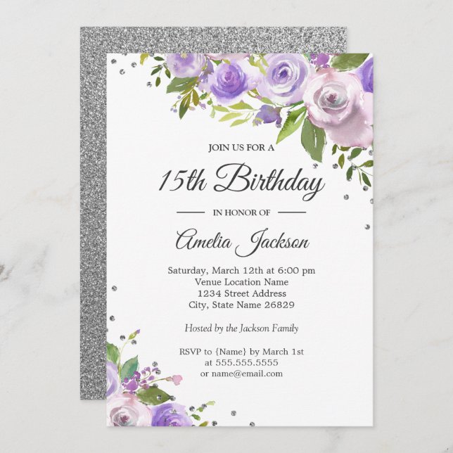 Purple Silver Sparkle Floral 15th Birthday Invite (Front/Back)