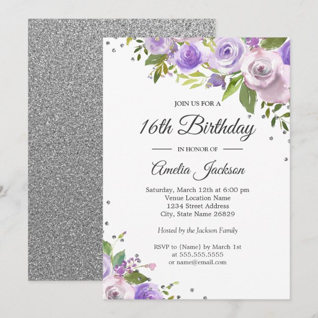 Purple Silver Sparkle Floral 16th Birthday Invite (Front/Back)