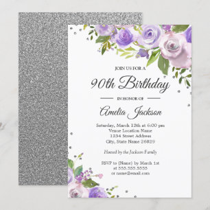 Purple Silver Sparkle Floral 90th Birthday Invite