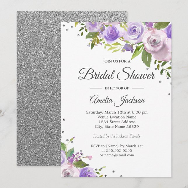 Purple Silver Sparkle Floral Bridal Shower Invite (Front/Back)