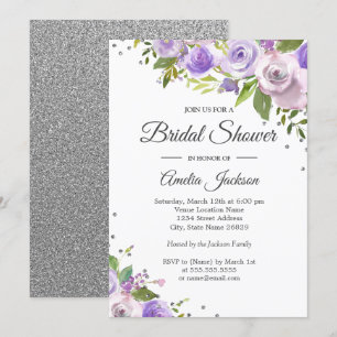 Purple Silver Sparkle Floral Bridal Shower Invite