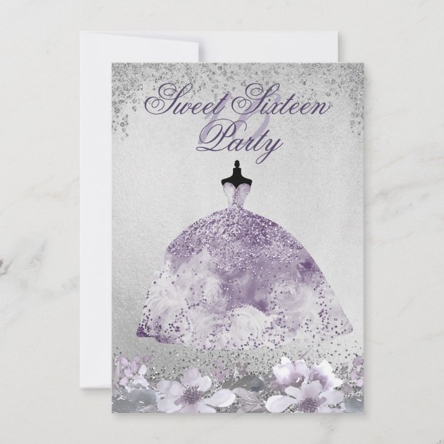 Purple Silver Sparkle Floral Dress Sweet 16 Invite (Front)