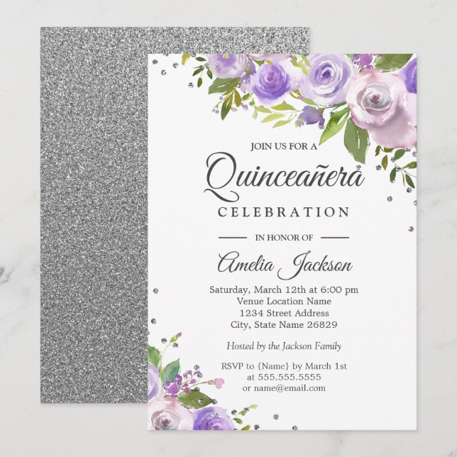 Purple Silver Sparkle Floral Quinceanera Invite (Front/Back)