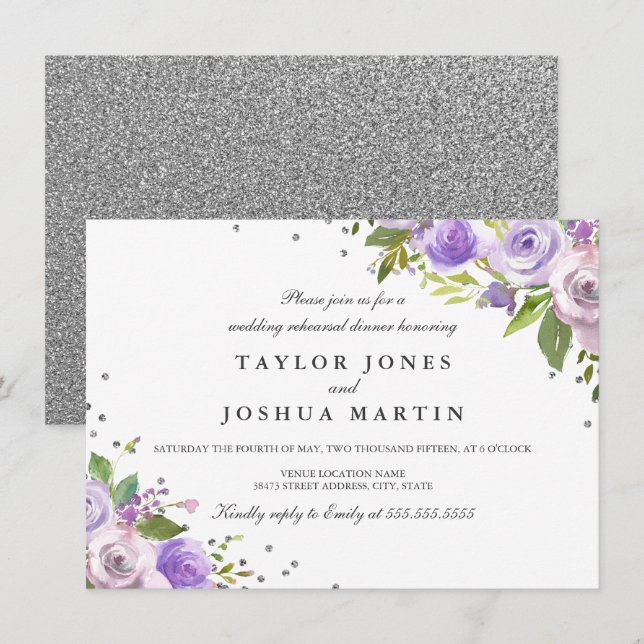 Purple Silver Sparkle Floral Rehearsal Dinner Invitation (Front/Back)