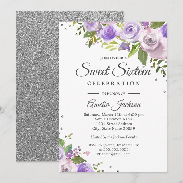 Purple Silver Sparkle Floral Sweet Sixteen Invite (Front/Back)