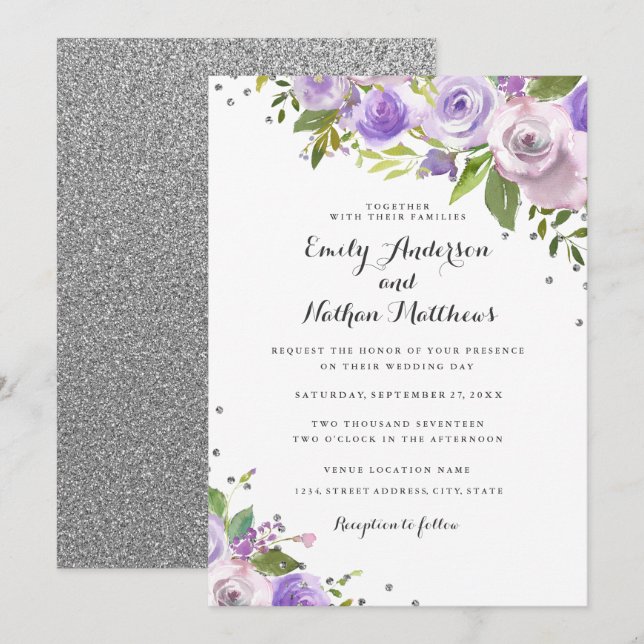 Purple Silver Sparkle Floral Wedding Invitation (Front/Back)