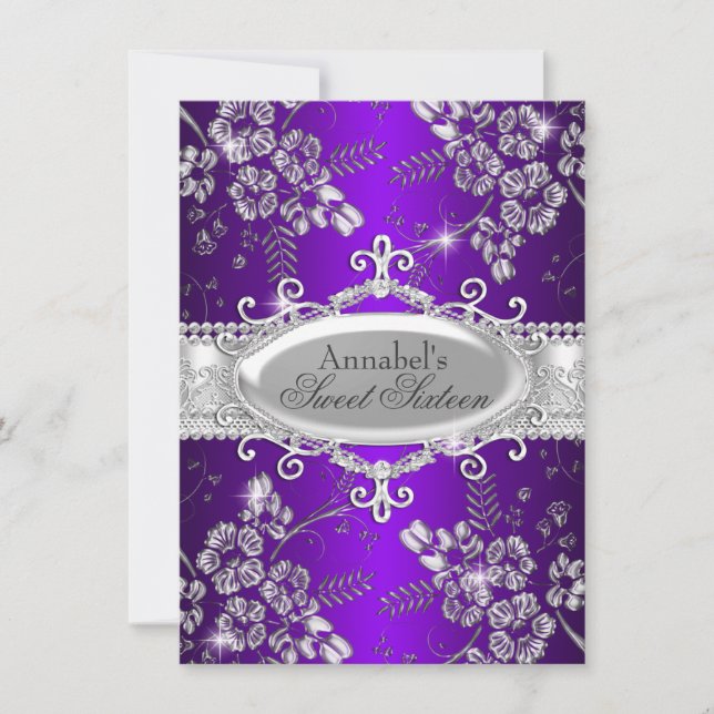 Purple Silver Sparkle Flower Sweet 16 Invitation (Front)