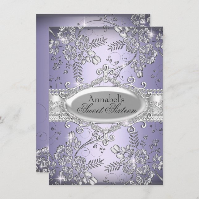 Purple Silver Sparkle Flower Sweet 16 Invite (Front/Back)