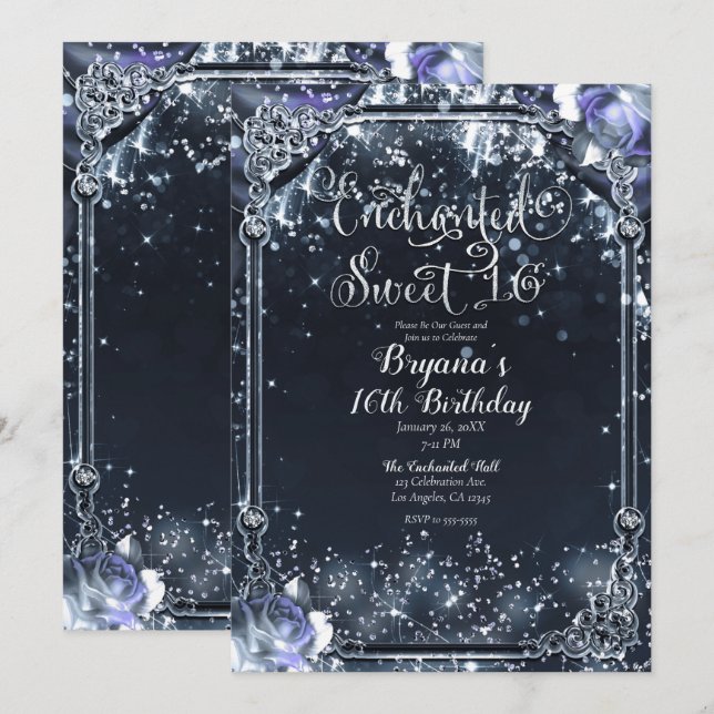 Purple Silver Sparkle Lights Sweet 16 16th Invitation (Front/Back)