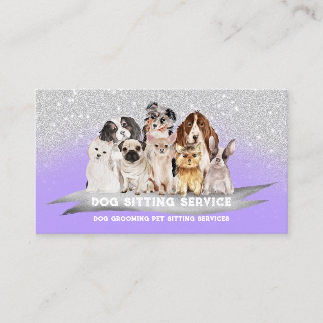 Purple Silver Sparkles Petsitter Dog Walker Business Card (Front)