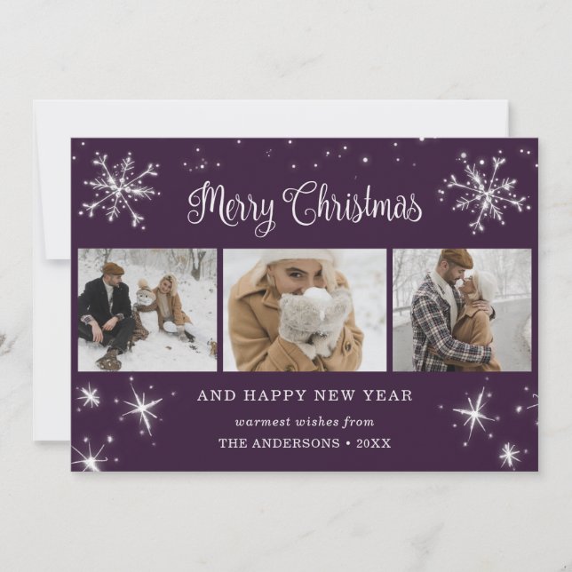 Purple Silver Sparkly Snowflake Photo Collage Holiday Card (Front)