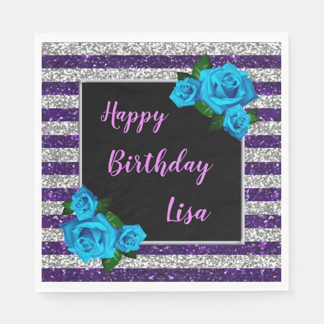 Purple Silver Stripes Glitter Blue Roses Birthday Napkin (Front)