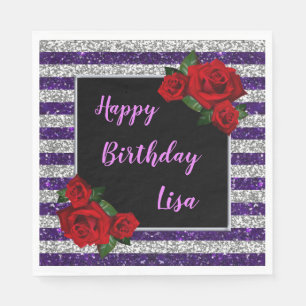 Purple Silver Stripes Glitter Red Roses Birthday Napkin