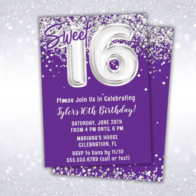 Purple Silver Sweet 16th Birthday Party Invitation (Creator Uploaded)