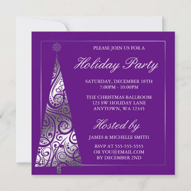 Purple Silver Swirl Christmas Tree Holiday Party Invitation (Front)