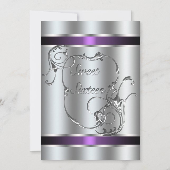 Purple Silver Swirl Elegant Sweet Sixteen Invitation (Front)