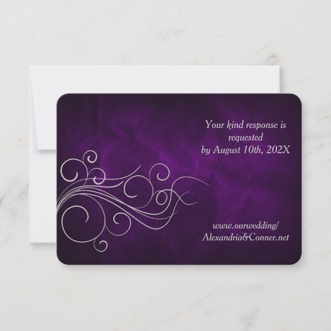 Purple Silver Swirl Wedding RSVP Card (Front)