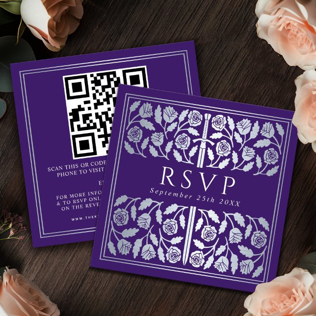 Purple Silver Sword Royal Wedding RSVP QR Code Enclosure Card (Creator Uploaded)