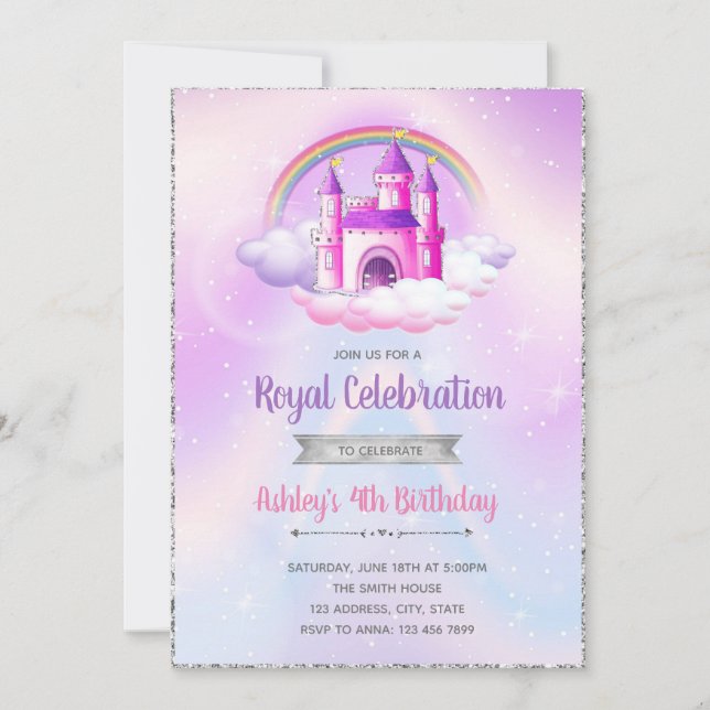Purple silver theme castle birthday invitation (Front)