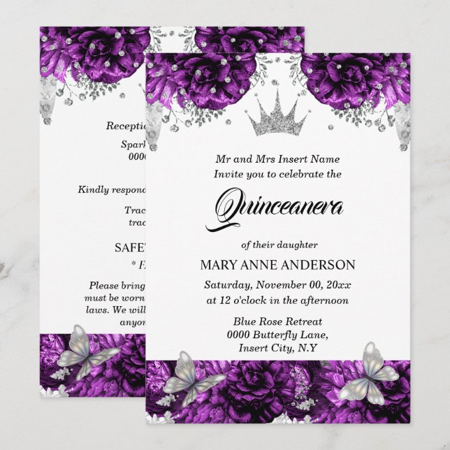 Purple silver tiara butterfly rose quinceanera invitation (Front/Back)