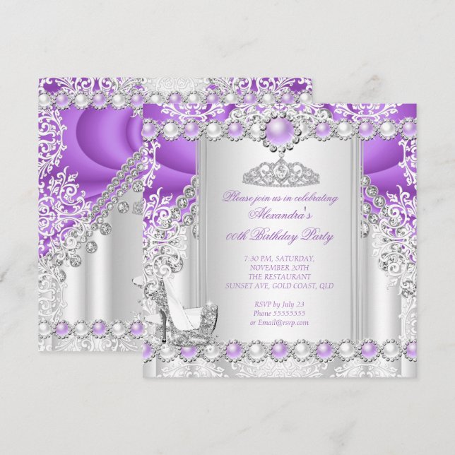 Purple Silver Tiara High Heel Pearl Birthday Invitation (Front/Back)