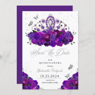 Purple & Silver Tiara Save The Date Quinceañera Invitation