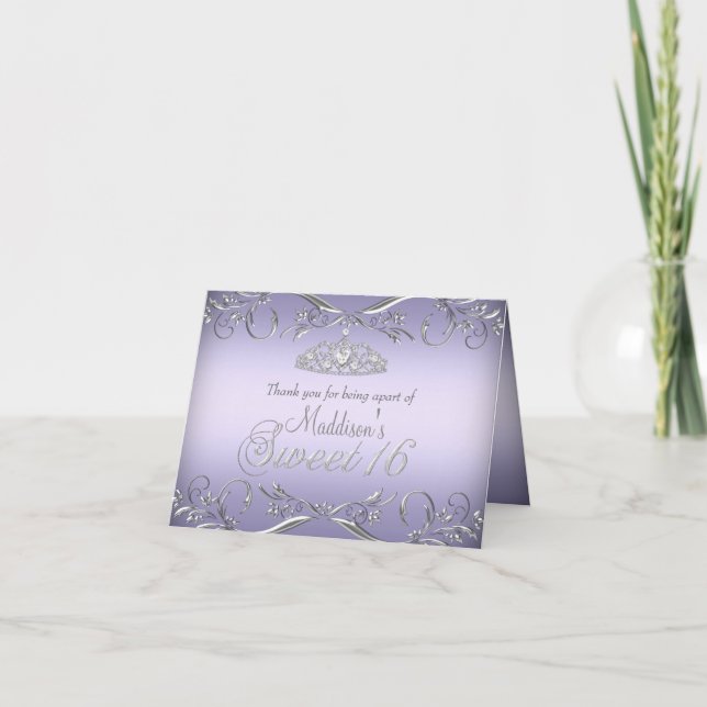 Purple & Silver Tiara Sweet 16 Thank You Card (Front)