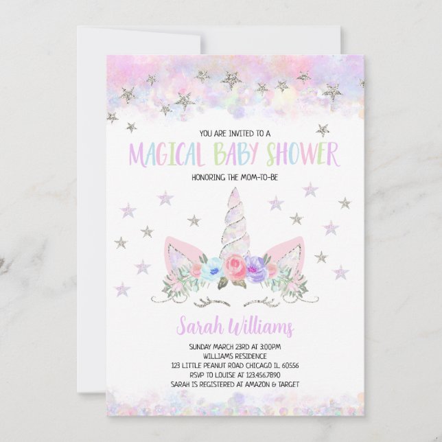  Purple Silver Unicorn Baby Shower Invitation (Front)