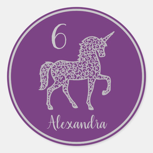Purple Silver Unicorn birthday party Own name Classic Round Sticker (Front)