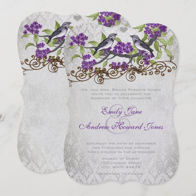 Purple & Silver Vintage Bird Damask Wedding Invite (Front/Back)