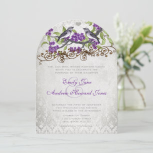 Purple & Silver Vintage Bird Damask Wedding Invite
