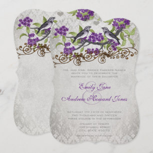 Purple & Silver Vintage Bird Damask Wedding Invite