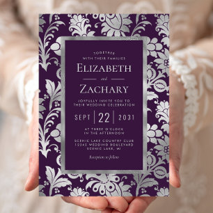 Purple Silver Vintage Floral Pattern Wedding Invitation