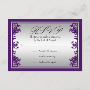 Purple Silver Vintage Flourish Scroll Wedding RSVP Card