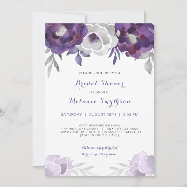 Purple Silver Watercolor Floral bridal shower 3963 Invitation (Front)