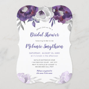 Purple Silver Watercolor Floral bridal shower Invitation