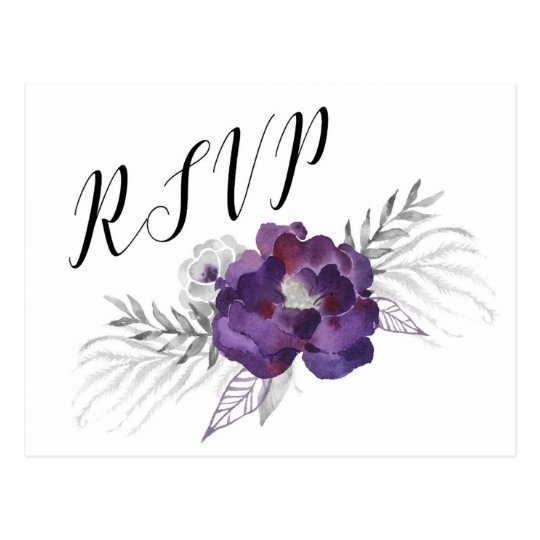 Purple Silver Watercolor Floral RSVP reply 3963 Postcard