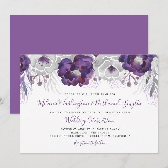 Purple Silver Watercolor Floral wedding Invitation (Front/Back)